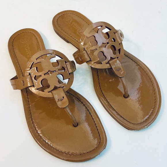 TORY BURCH, Miller Patent Leather T-Straps Thong Sandals in Tan, Size - Picture 1 of 15
